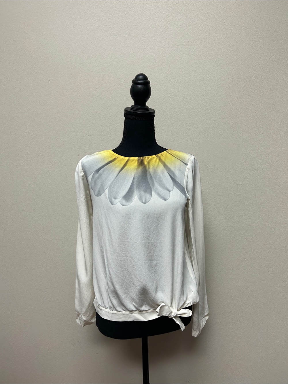 Moschino Cream Blouse with Gray Petal Print and Yellow Neck Accent